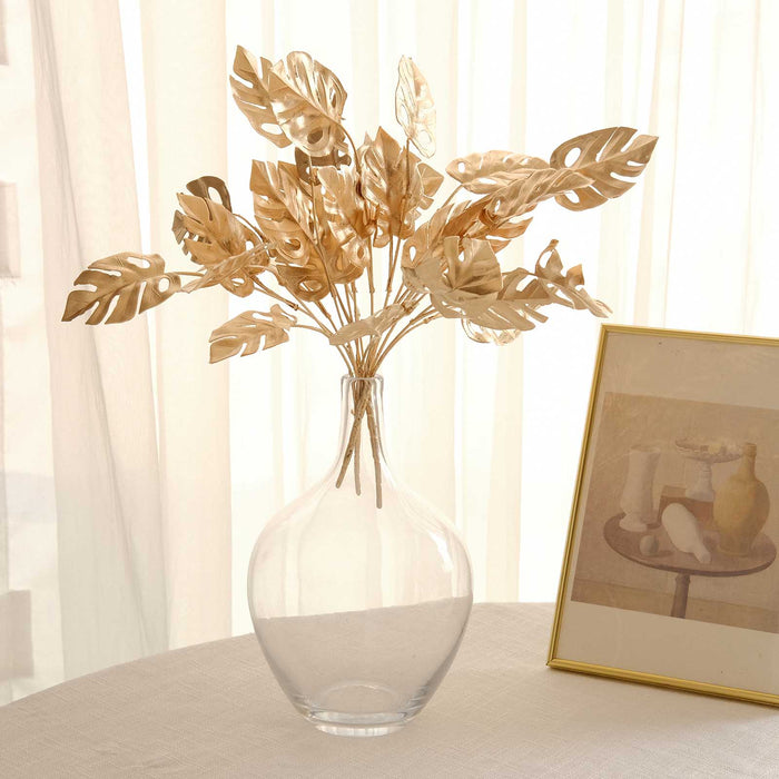 artificial monstera leaf, metallic leaves, vase filler, gold leaf decoration, leaf stems#color_gold