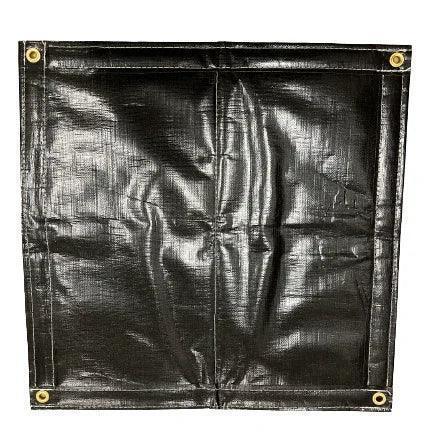 Black insulated poly tarp 6' x 10' unfolded as a thermal coverage sheet for outdoor protection