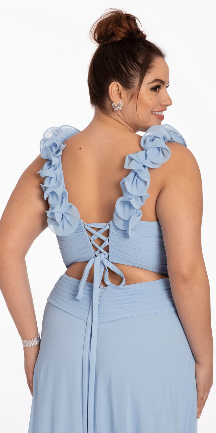 light-blue/size/14/plus/Camille La Vie/Chiffon Ruffle Shoulder Lace Up Back Column Dress/close up back