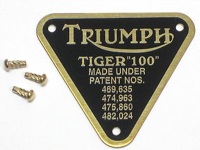 Triumph patent plate BRASS Tiger 100 UK Made with rivets timing cover badge