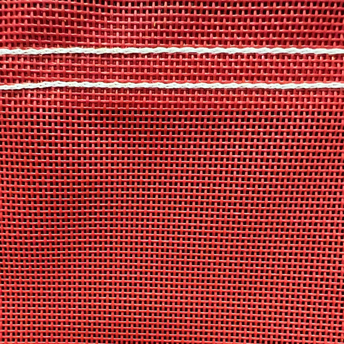 Red 10' x 10' vinyl mesh tarp showcasing flexible vinyl mesh and durable seams