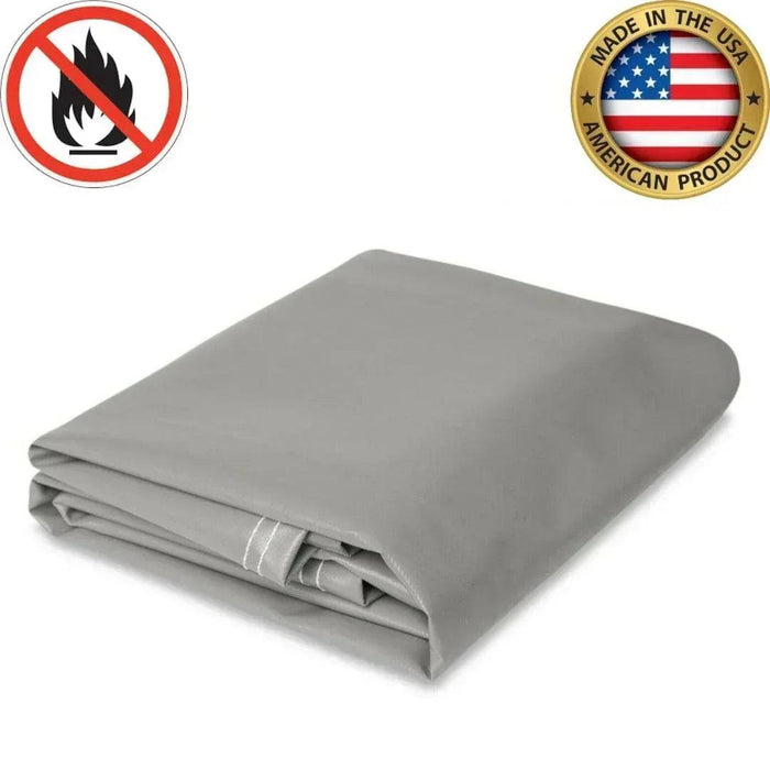 Gray 8' x 10' 18oz flame retardant vinyl tarp providing heavy duty fire barrier coverage