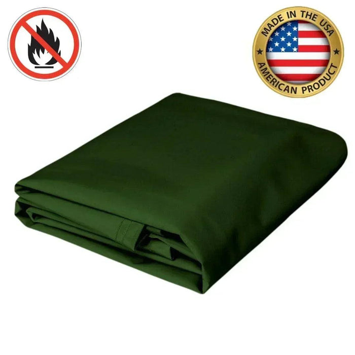 Green 5' x 7' 18oz flame retardant vinyl tarp folded for dependable fire defense protection