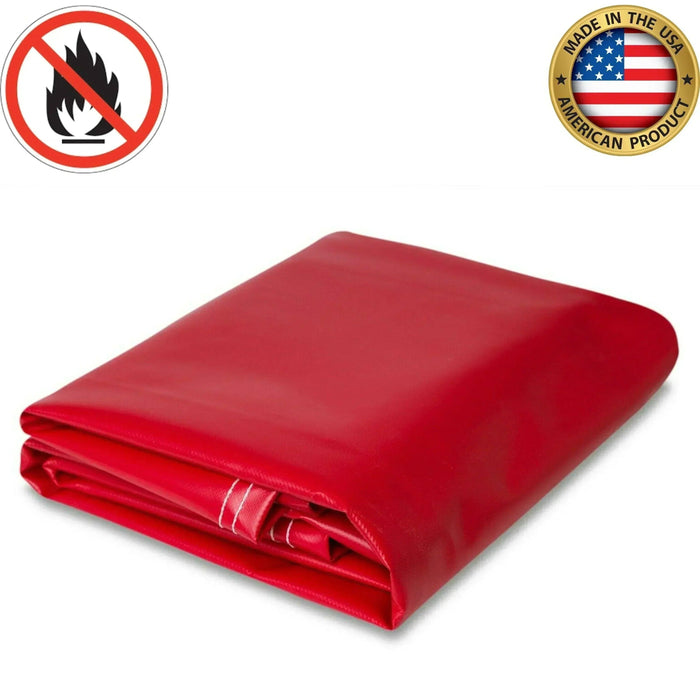 Red 10' x 12' 18oz flame retardant vinyl tarp delivering weather resistant safety coverage