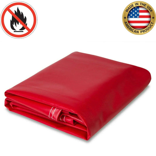 Red 10' x 12' 18oz flame retardant vinyl tarp delivering weather resistant safety coverage
