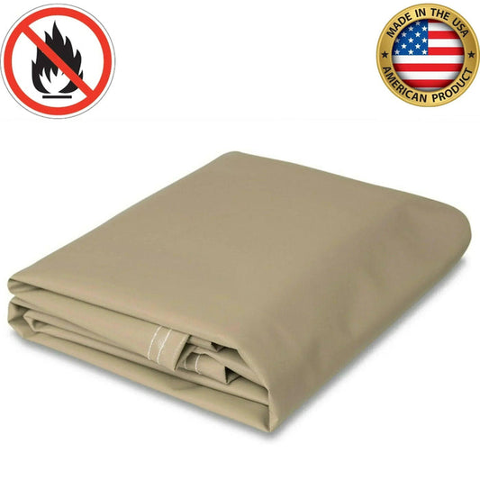 Tan 10' x 10' 18oz flame retardant vinyl tarp offering fire resistant shielding performance