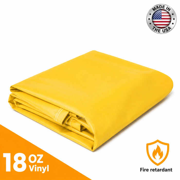 Yellow 10' x 10' 18oz flame retardant super vinyl tarp providing rugged fire shield protection