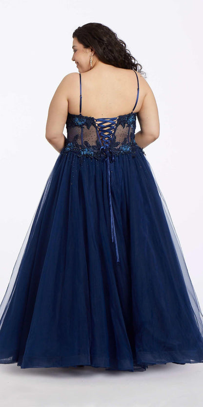 navy/size/14/plus/Camille La Vie/3D Flower Embroidered Corset Ballgown/back