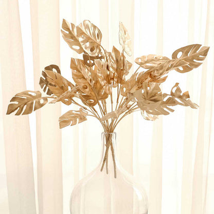 artificial monstera leaf, metallic leaves, vase filler, gold leaf decoration, leaf stems#color_gold