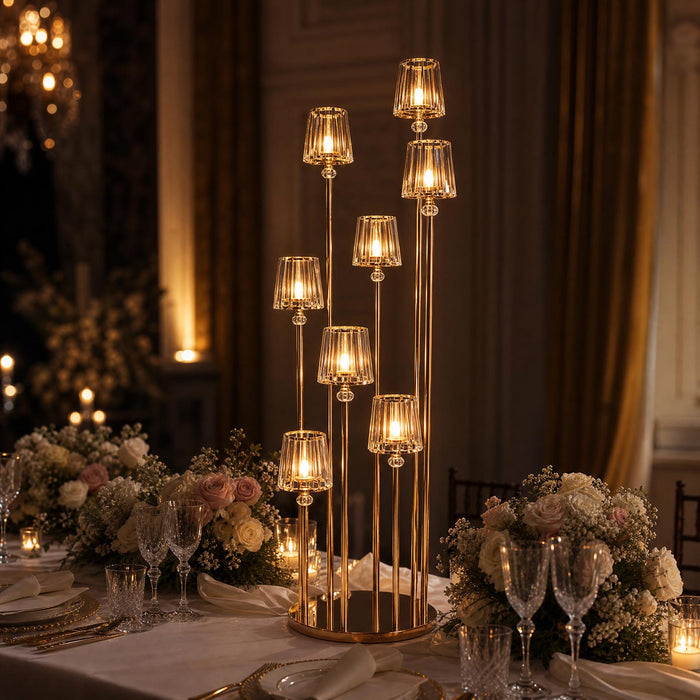 gold metal cluster candelabra, crystal pendant candelabra, glass shade candelabra, gold candelabra centerpiece, metal taper candle holder, multi arm candelabra#color_gold