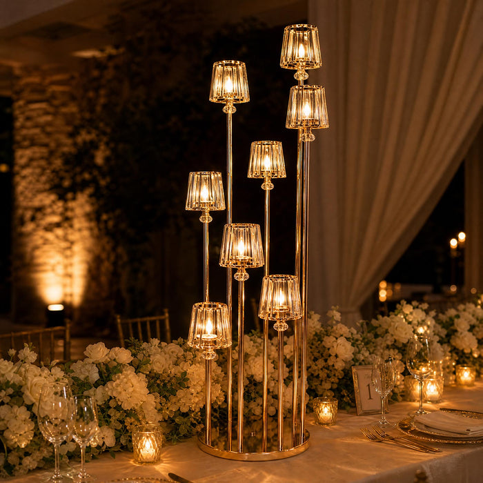 gold metal cluster candelabra, crystal pendant candelabra, glass shade candelabra, gold candelabra centerpiece, metal taper candle holder, multi arm candelabra#color_gold