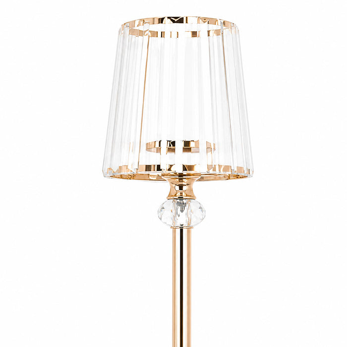gold metal cluster candelabra, crystal pendant candelabra, glass shade candelabra, gold candelabra centerpiece, metal taper candle holder, multi arm candelabra#color_gold