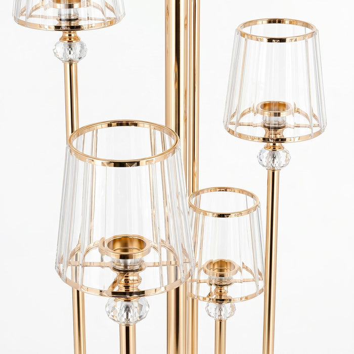 gold metal cluster candelabra, crystal pendant candelabra, glass shade candelabra, gold candelabra centerpiece, metal taper candle holder, multi arm candelabra#color_gold