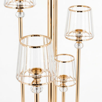 gold metal cluster candelabra, crystal pendant candelabra, glass shade candelabra, gold candelabra centerpiece, metal taper candle holder, multi arm candelabra#color_gold