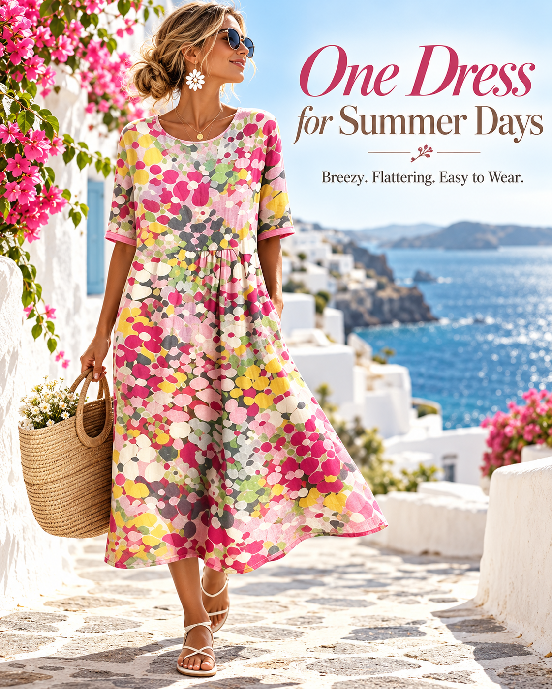 Women's Watercolor Floral Linen Blend Midi Dress, Loose A-Line Dress with Side Pockets, Hide Belly