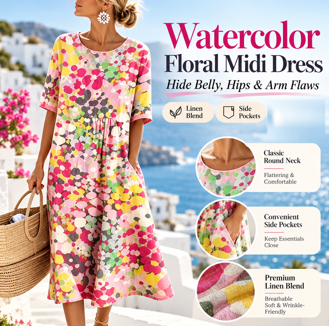 Women's Watercolor Floral Linen Blend Midi Dress, Loose A-Line Dress with Side Pockets, Hide Belly