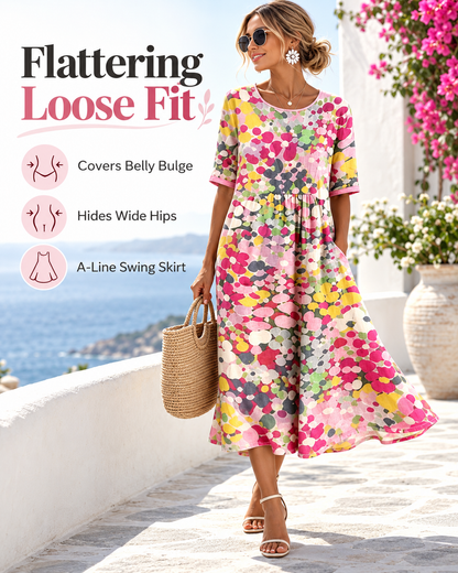 Women's Watercolor Floral Linen Blend Midi Dress, Loose A-Line Dress with Side Pockets, Hide Belly