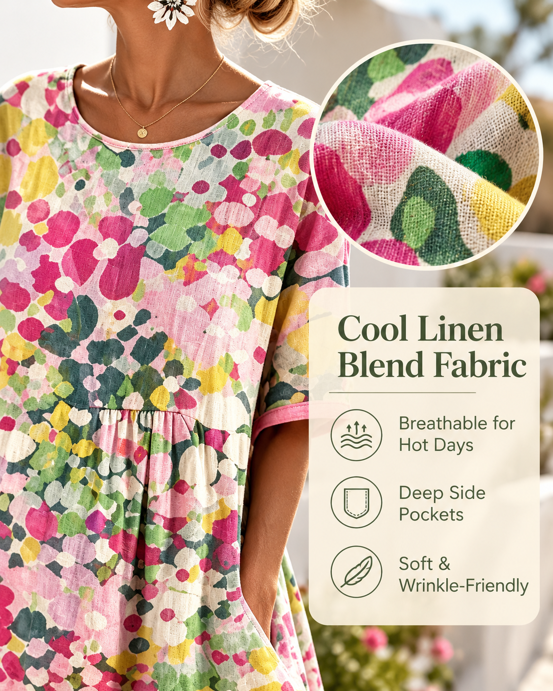 Women's Watercolor Floral Linen Blend Midi Dress, Loose A-Line Dress with Side Pockets, Hide Belly
