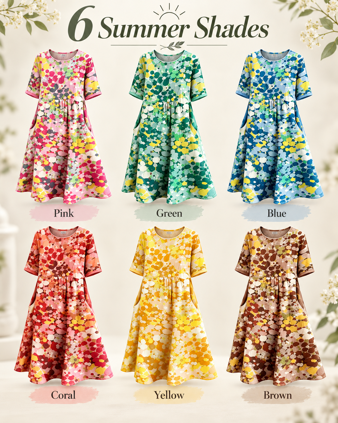 Women's Watercolor Floral Linen Blend Midi Dress, Loose A-Line Dress with Side Pockets, Hide Belly