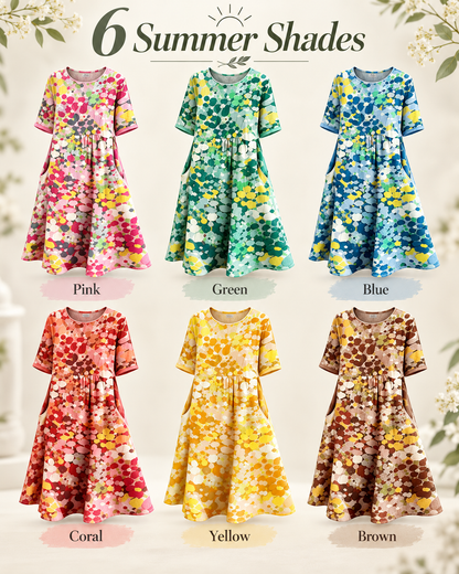 Women's Watercolor Floral Linen Blend Midi Dress, Loose A-Line Dress with Side Pockets, Hide Belly