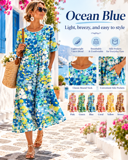 Women's Watercolor Floral Linen Blend Midi Dress, Loose A-Line Dress with Side Pockets, Hide Belly