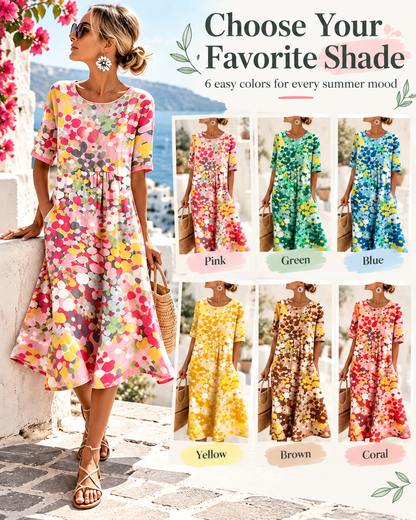 Women's Watercolor Floral Linen Blend Midi Dress, Loose A-Line Dress with Side Pockets, Hide Belly