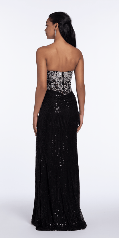 black-silver/size/4/missy/Camille La Vie/Beaded Strapless Sequin Column Dress with Ruching /back1