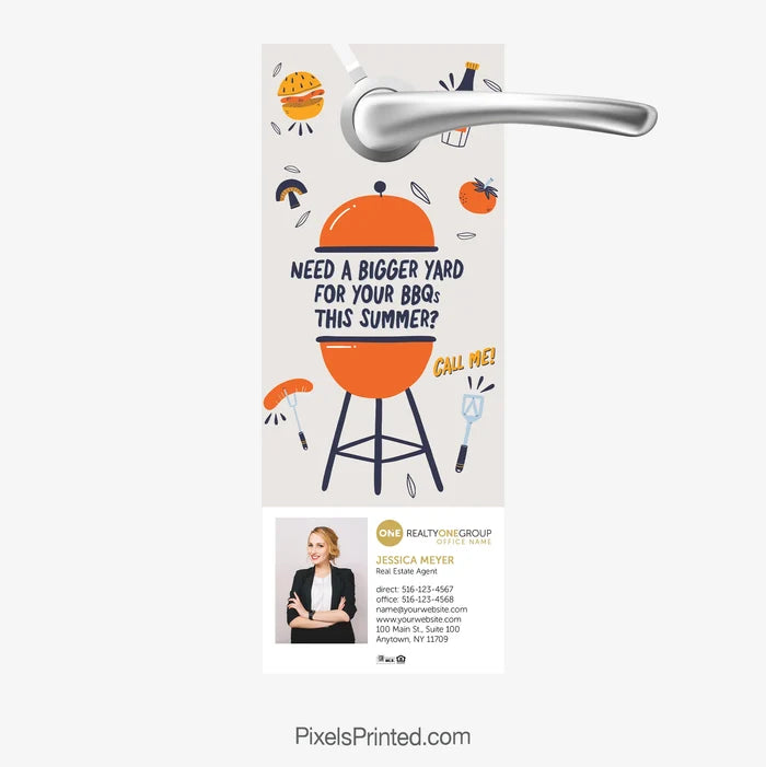 Bigger yard summer BBQ real estate door hanger for Realty ONE Group agents targeting move-up buyers