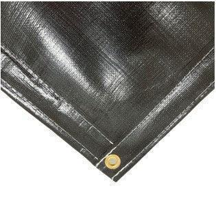 Black insulated poly tarp 6' x 10' featuring reinforced corner protection and brass grommet fastening
