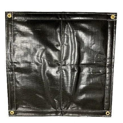 Black insulated poly tarp 6' x 10' unfolded as a thermal coverage sheet for outdoor protection