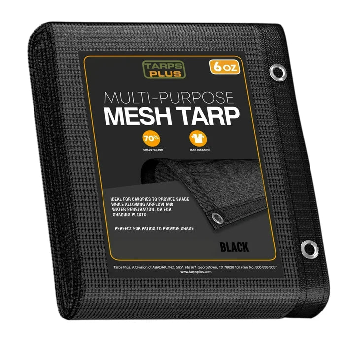 Black 10' x 16' mesh tarp folded for lightweight airflow coverage