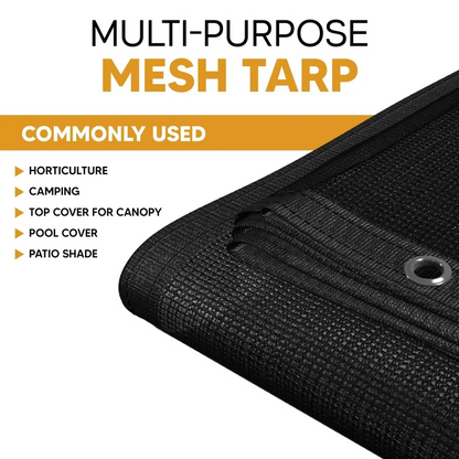 Black 10' x 16' mesh tarp designed for debris control and ventilation