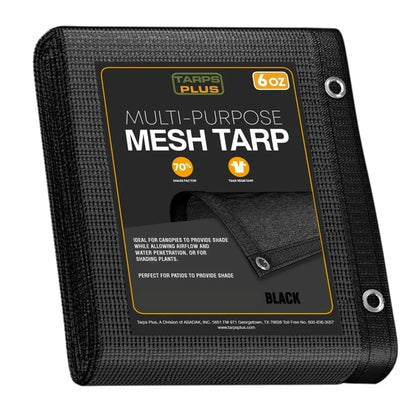 Black 16' x 20' mesh tarp folded for breathable outdoor coverage