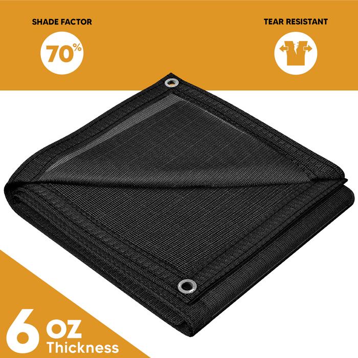 Black 16' x 20' mesh tarp featuring reinforced corner panel construction