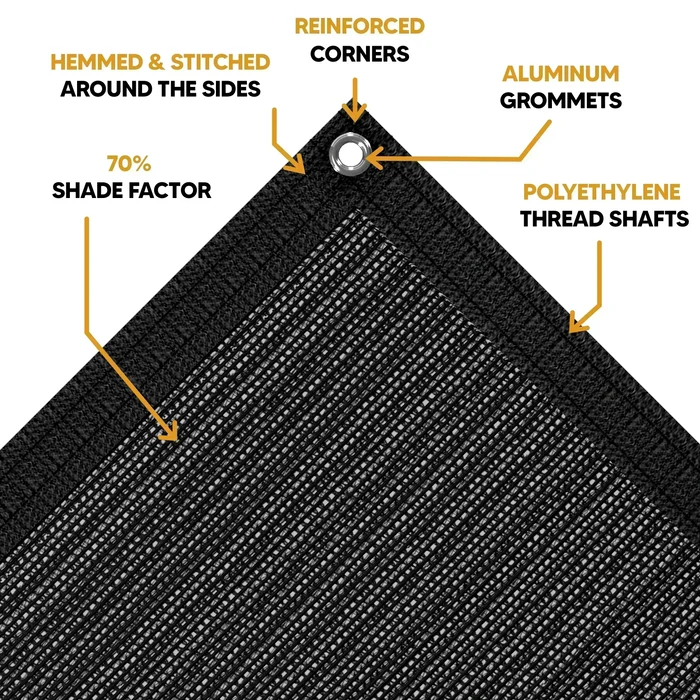 Black 16' x 20' mesh tarp displaying durable knit weave fabric texture