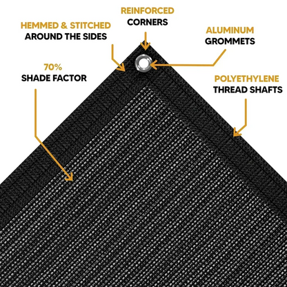 Black 16' x 20' mesh tarp displaying durable knit weave fabric texture