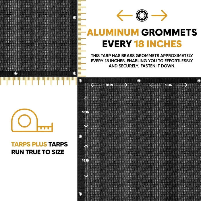 Black 16' x 20' mesh tarp with aluminum grommets along reinforced borders