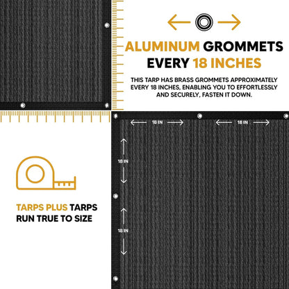 Black 16' x 20' mesh tarp with aluminum grommets along reinforced borders