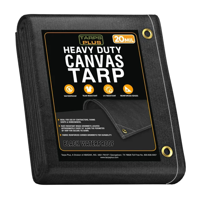 Black 5' x 7' waterproof canvas tarp folded for durable outdoor rain protection