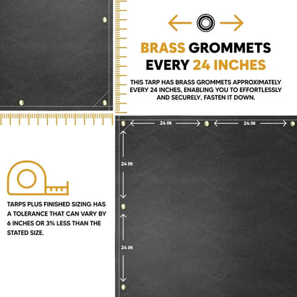 Black 5' x 7' waterproof canvas tarp featuring brass grommets and reinforced stitching