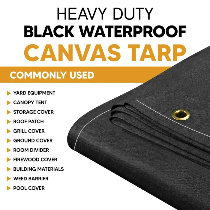 Black 5' x 7' waterproof canvas tarp suitable for outdoor surface protection tasks