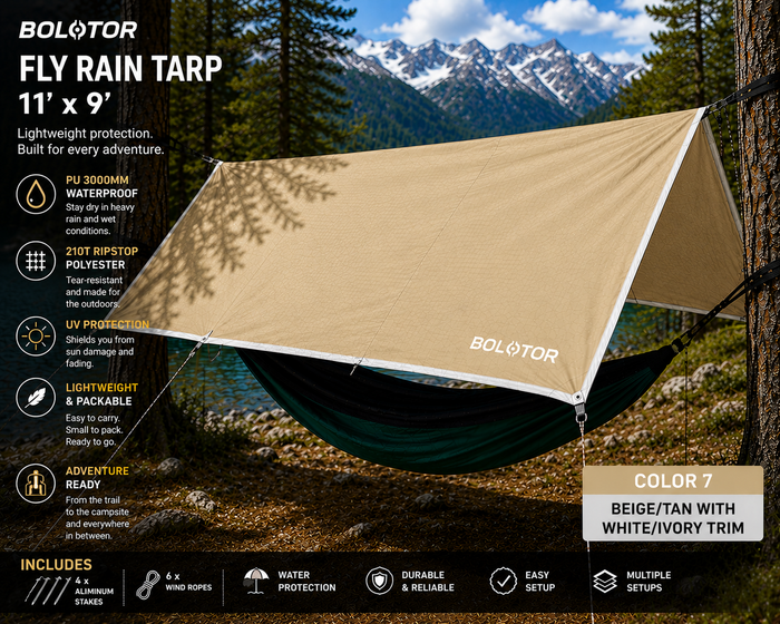BOLOTOR beige tan 11' x 9' waterproof fly rain tarp set up over a hammock as a lightweight camping shelter