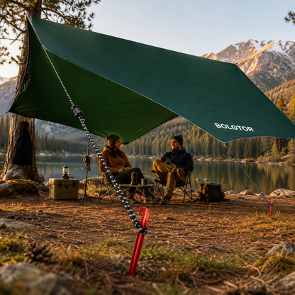 BOLOTOR green waterproof fly rain tarp providing shade and shelter at a lakeside campsite