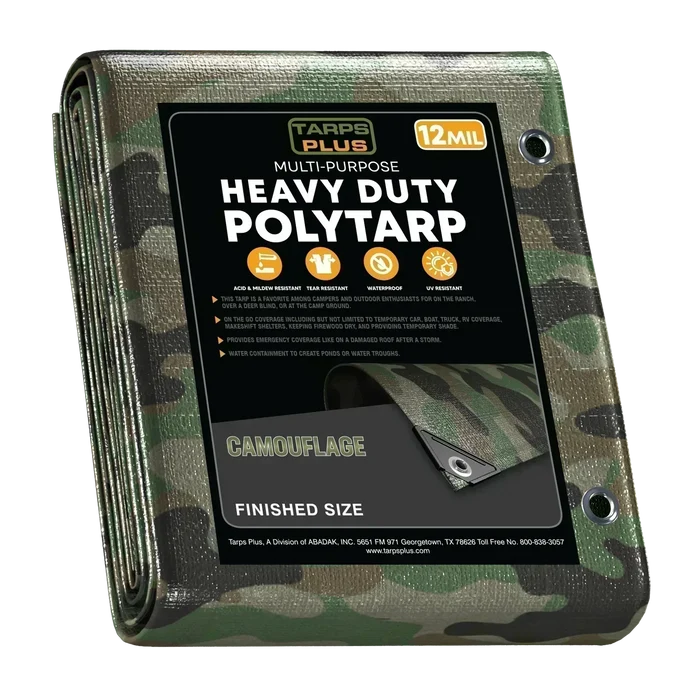 Camouflage 10' x 10' weather tarps designed for outdoor protection and utility coverage