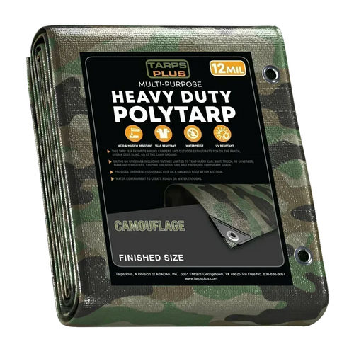 Camouflage 10' x 10' weather tarps designed for outdoor protection and utility coverage
