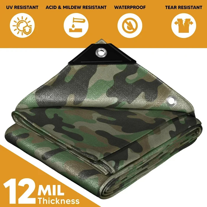 Folded Camouflage 10' x 10' woodland shield tarps prepared for temporary barrier projects