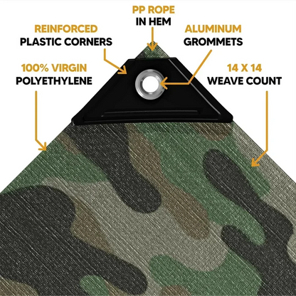 Camouflage 10' x 10' tarps featuring anchor fastening detail and reinforced edge durability