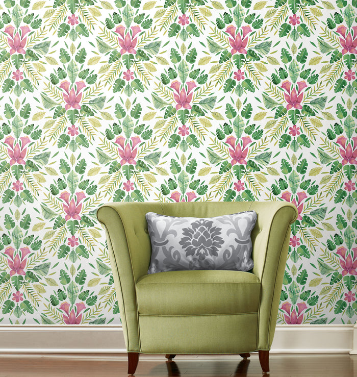 Green Cat Coquillette Tropical Peel and Stick Wallpaper in a room setting