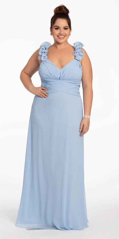 light-blue/size/14/plus/Camille La Vie/Chiffon Ruffle Shoulder Lace Up Back Column Dress/ front