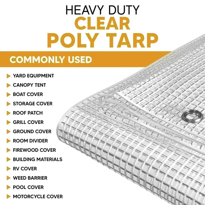 Clear 12' x 16' heavy clear tarp built for transparent weather shielding applications